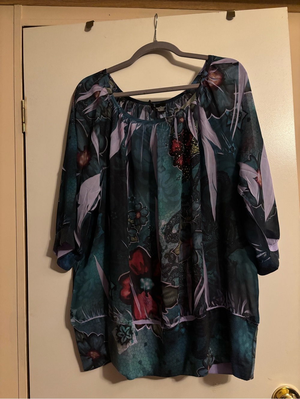 Women's Teal & Black Floral Peasant Top
